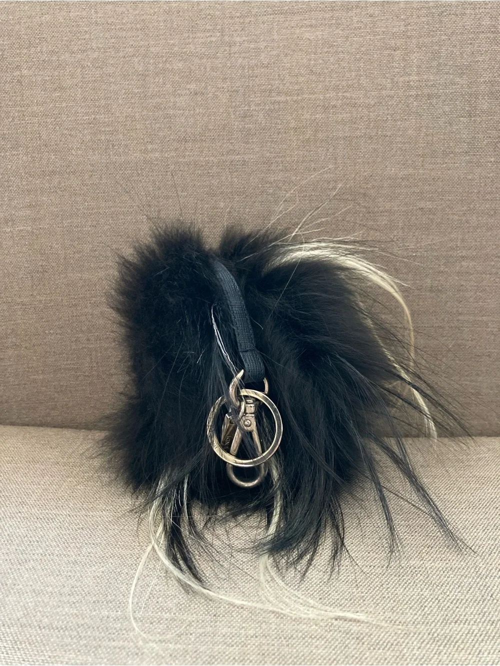 Fendi Black Fur Pom-Pom Key Holder with Blue and Brown Camouflage Accent